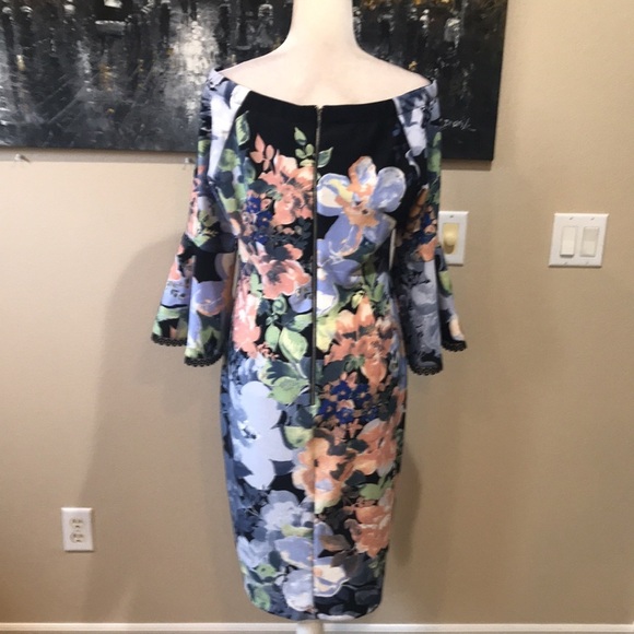 Danny and Nicole Floral Lace Trim Bell Sleeves Off Shoulder Sheath Dress-14 - Picture 5 of 14